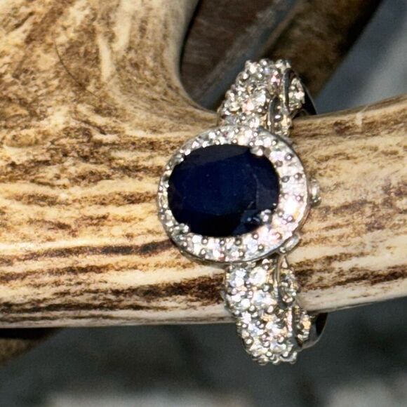 New 925 silver STS medium blue sapphire/ CZ cushion/halo ring Sz 9 fancy setting - Picture 10 of 11